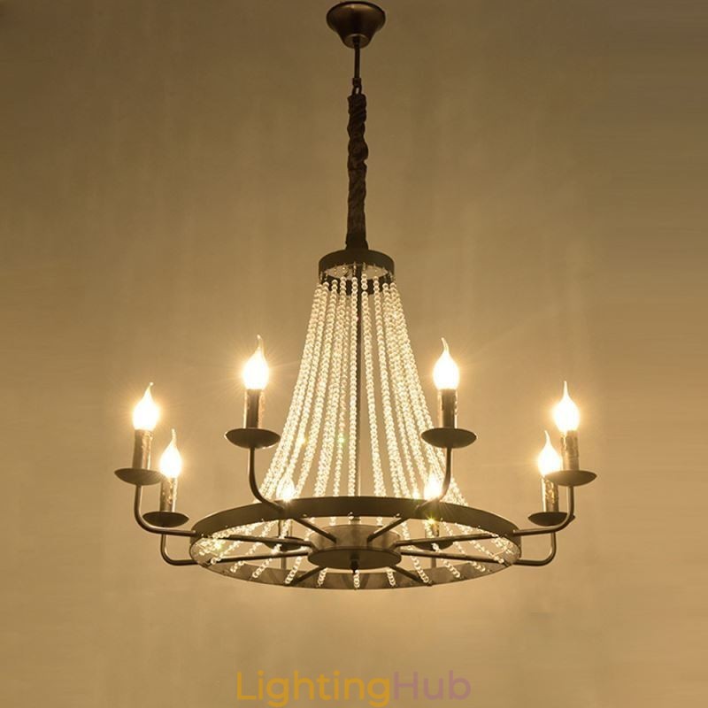 Vintage Crystal Pendant Lighting Black Iron Candle Chandelier