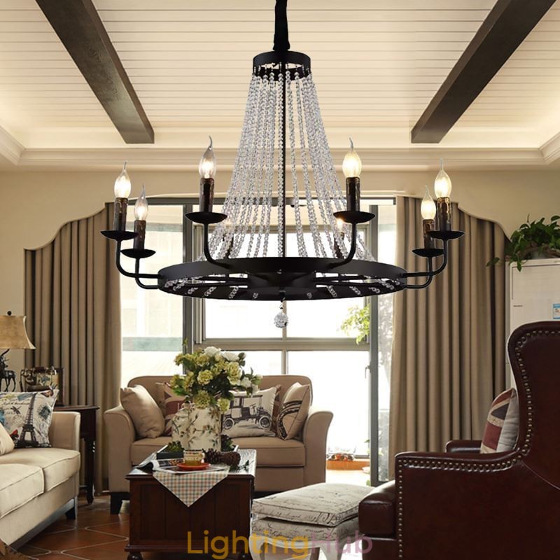 Vintage Crystal Pendant Lighting Black Iron Candle Chandelier