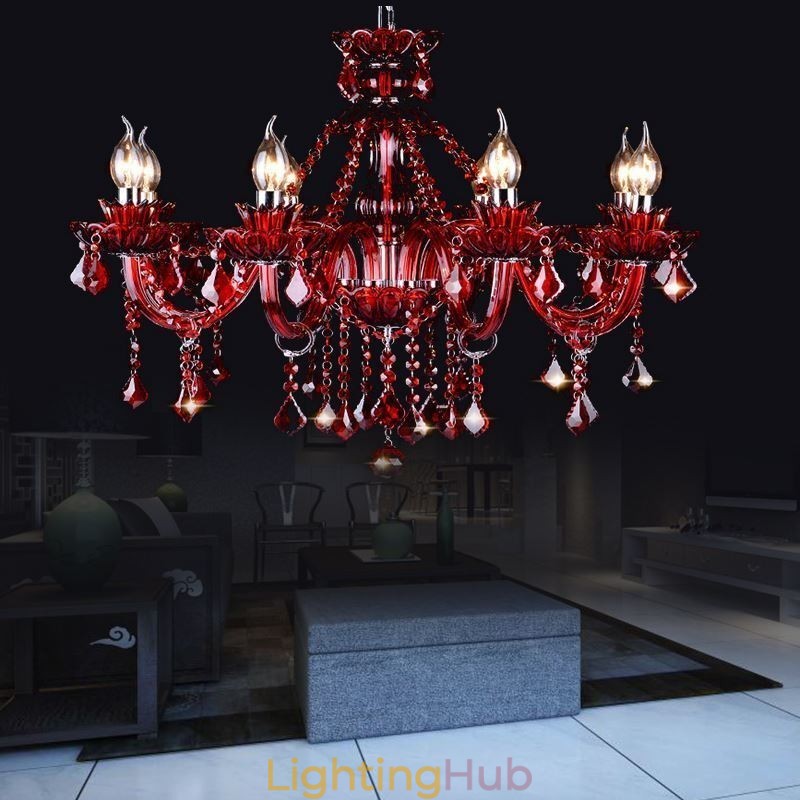 European Crystal Chandelier Red Colour Pendant Light