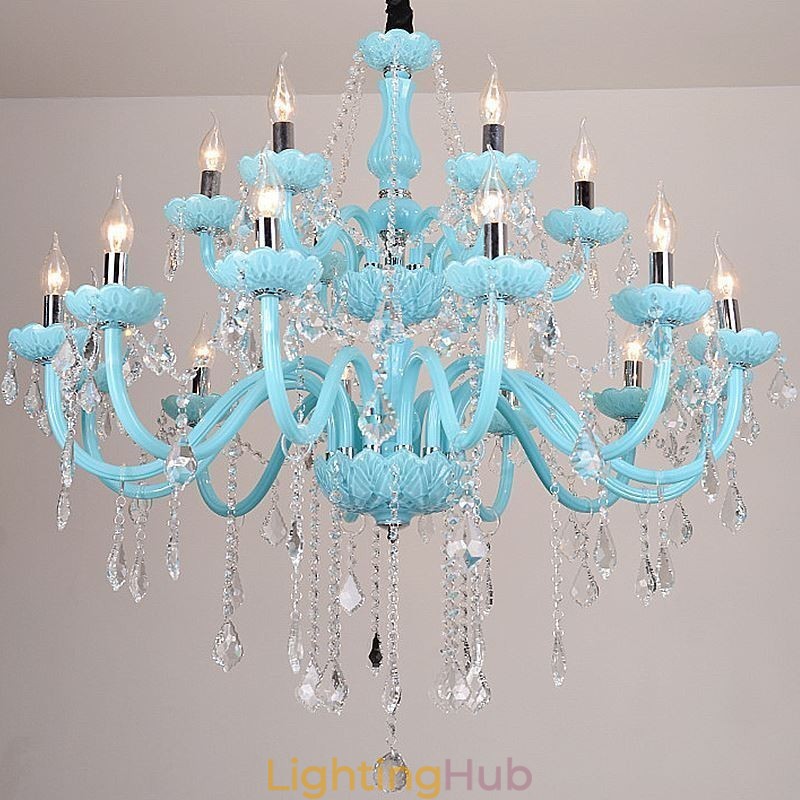 European Large Crystal Chandelier Blue Colour Pendant Light