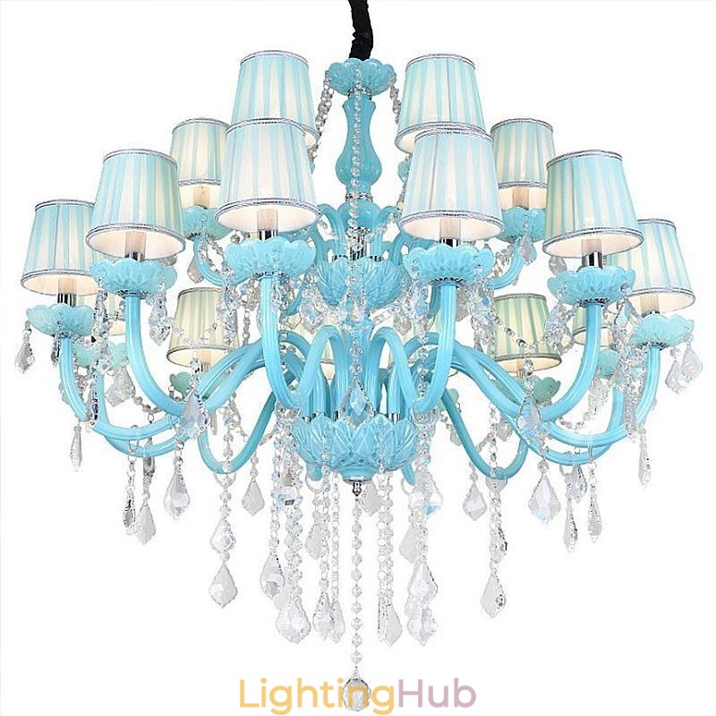 European Large Crystal Chandelier Blue Colour Pendant Light