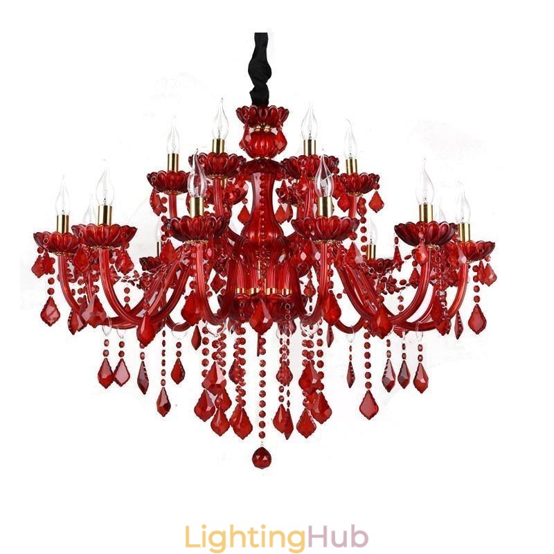 European Elegant Crystal Chandelier Red Colour Pendant Light
