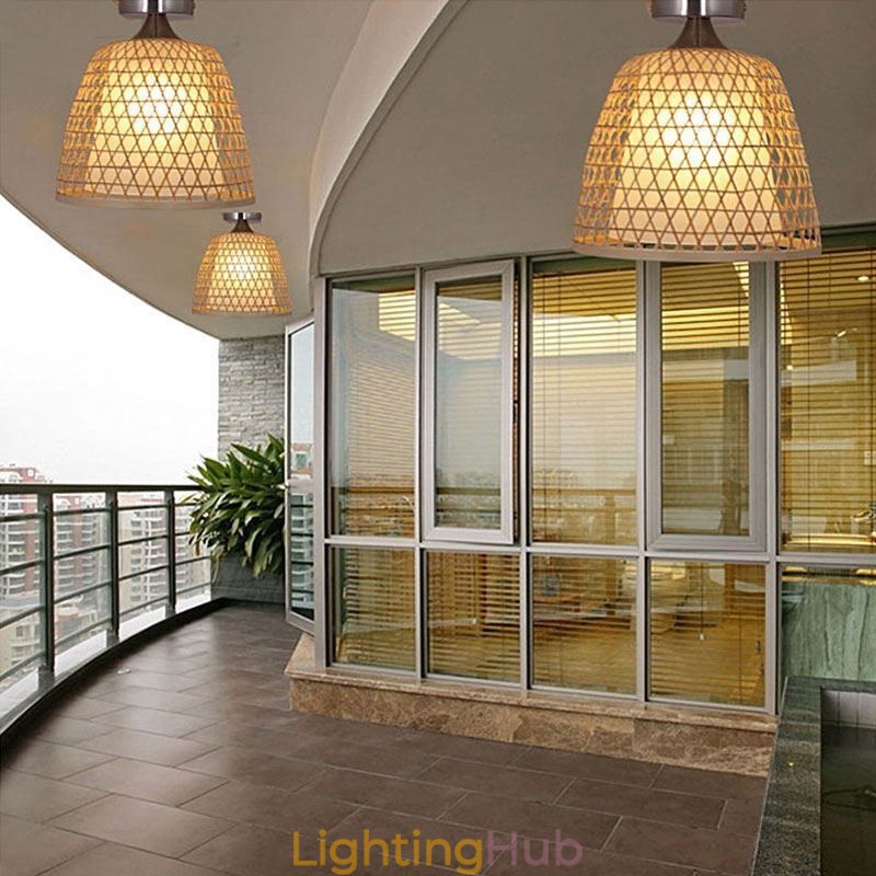 Bamboo Semi Flush Mount Creative Round Ceiling Light Vestibule Lighting