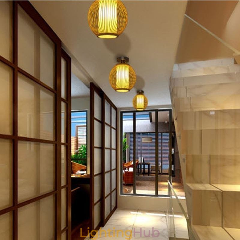 Unique Semi Flush Mount Creative Round Bamboo Ceiling Light Porch Lighting
