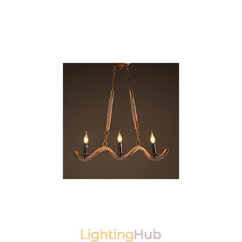 Candle Hemp Chandelier Vintage Pendant Wrought Iron Wave Hemp Rope Chandelier