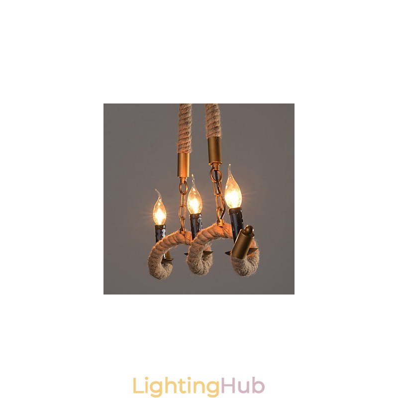 Candle Hemp Chandelier Vintage Pendant Wrought Iron Wave Hemp Rope Chandelier