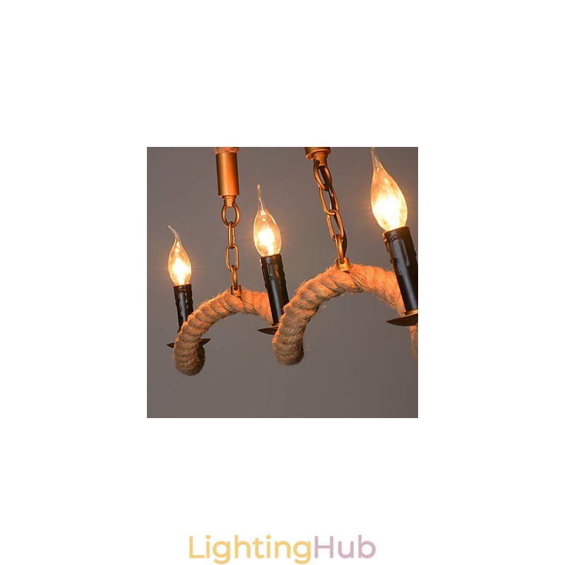 Candle Hemp Chandelier Vintage Pendant Wrought Iron Wave Hemp Rope Chandelier