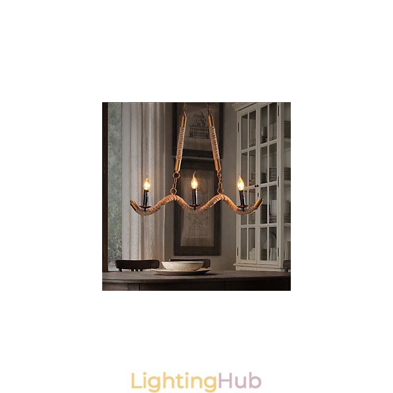 Candle Hemp Chandelier Vintage Pendant Wrought Iron Wave Hemp Rope Chandelier