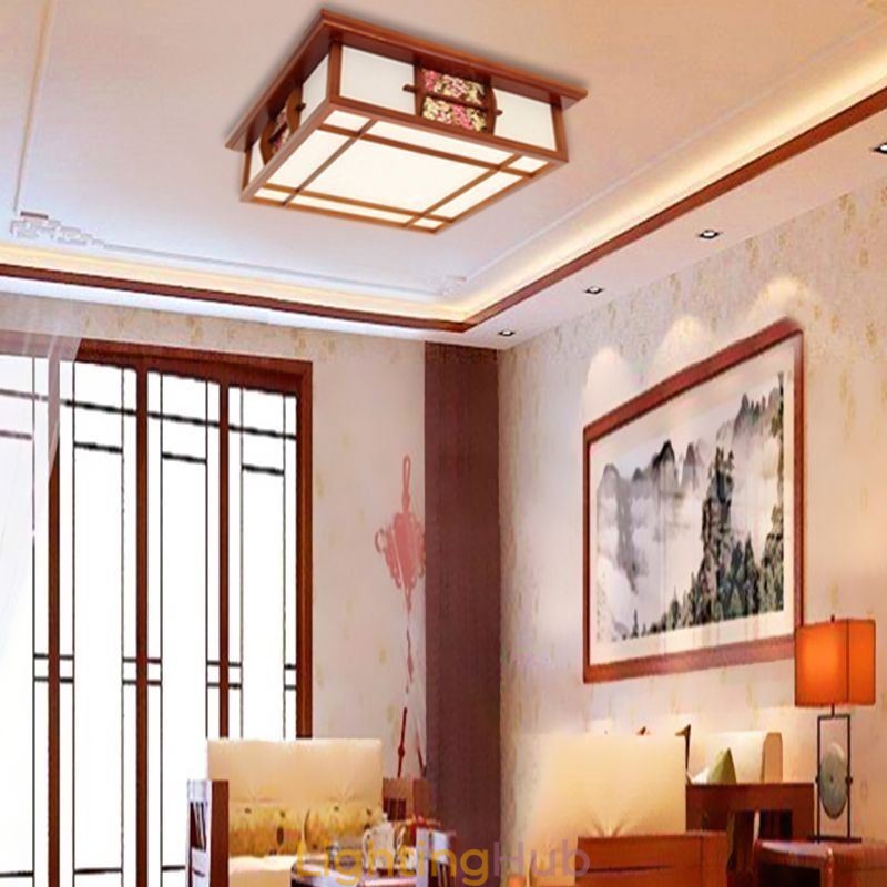 Retro Wooden Flush Mount Square Ceiling Light