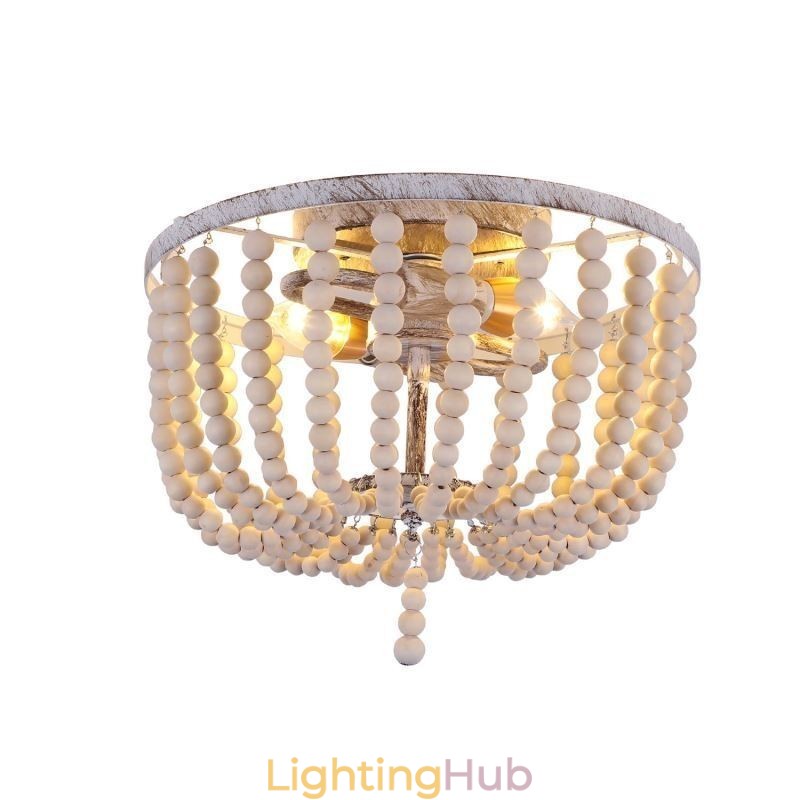 Farmhouse Wood Beaded Flush Mount Celling Light 3 Light Fixture