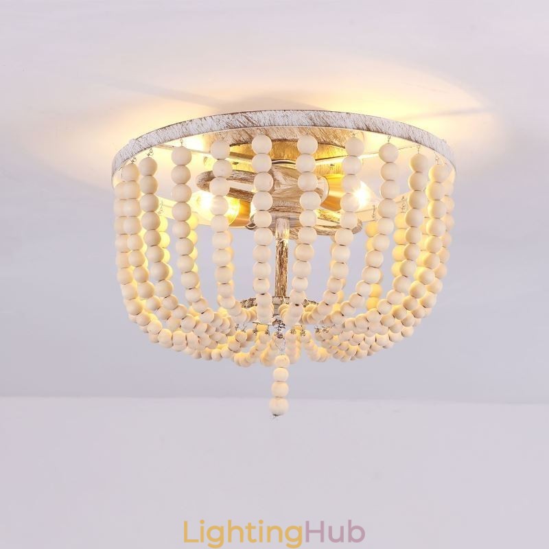 Farmhouse Wood Beaded Flush Mount Celling Light 3 Light Fixture