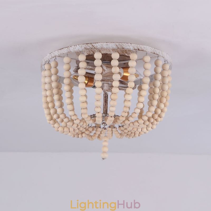 Farmhouse Wood Beaded Flush Mount Celling Light 3 Light Fixture