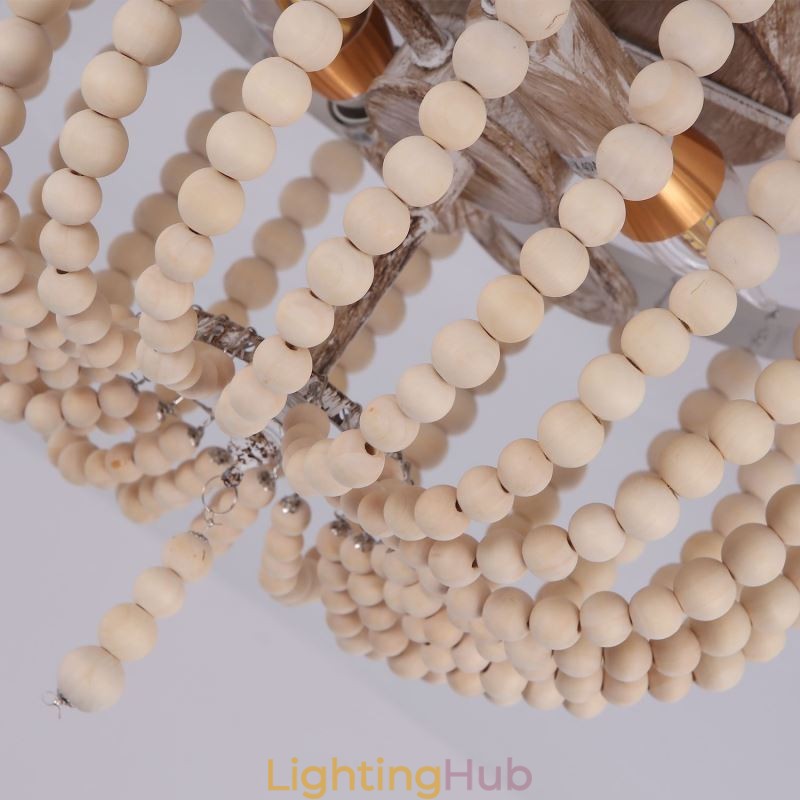 Farmhouse Wood Beaded Flush Mount Celling Light 3 Light Fixture