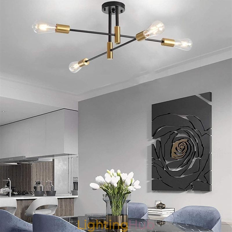 4 Lights Black Sputnik Chandelier Mid Century Semi Flush Mount Ceiling Light