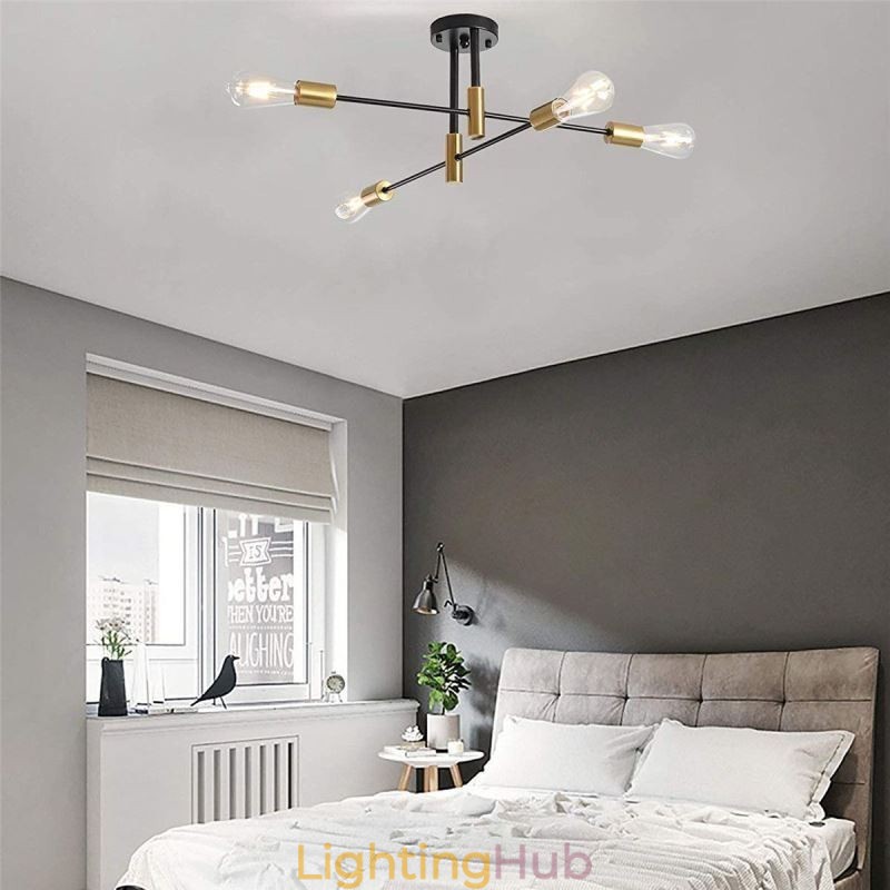 4 Lights Black Sputnik Chandelier Mid Century Semi Flush Mount Ceiling Light