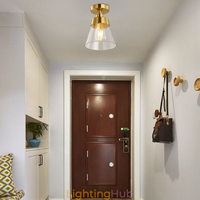 Contemporary Glass Flush Ceiling Light 1 Light Brass Finish