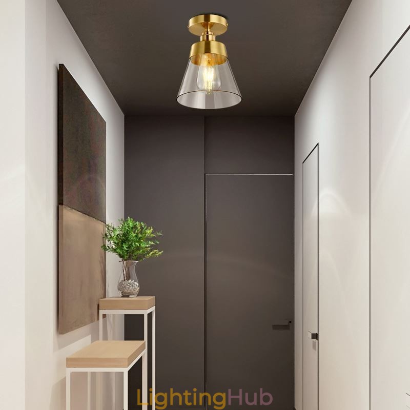 Contemporary Glass Flush Ceiling Light 1 Light Brass Finish