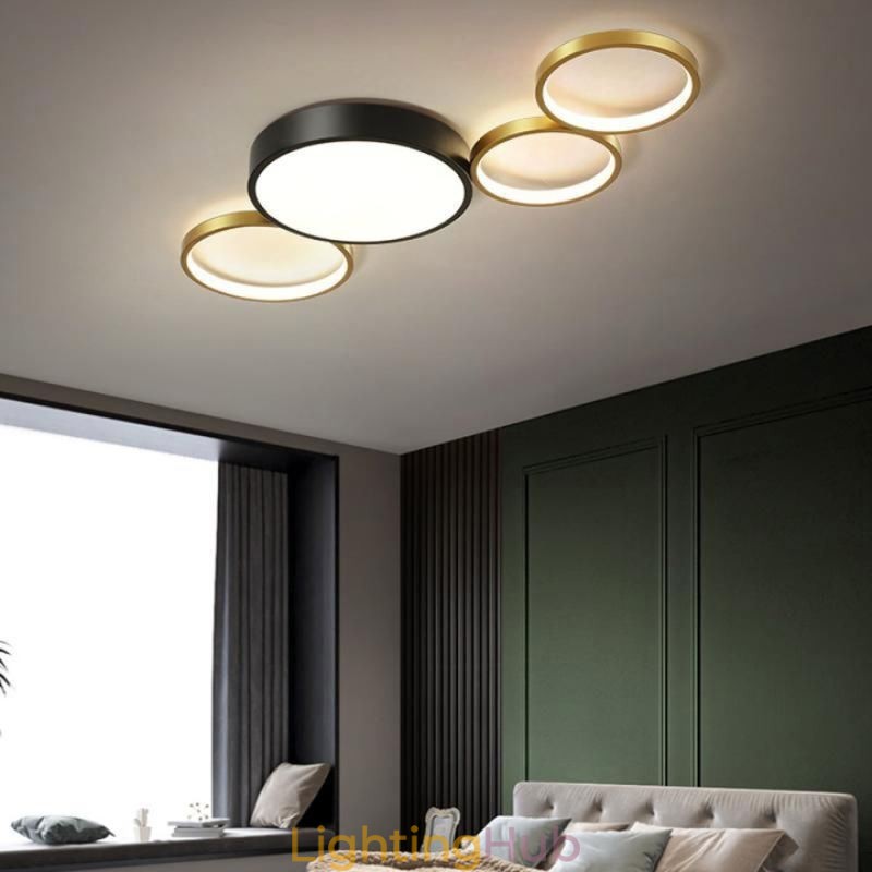 4 Rings Flush Mount Ceiling Light Unique Black+Gold Lampshade Lighting