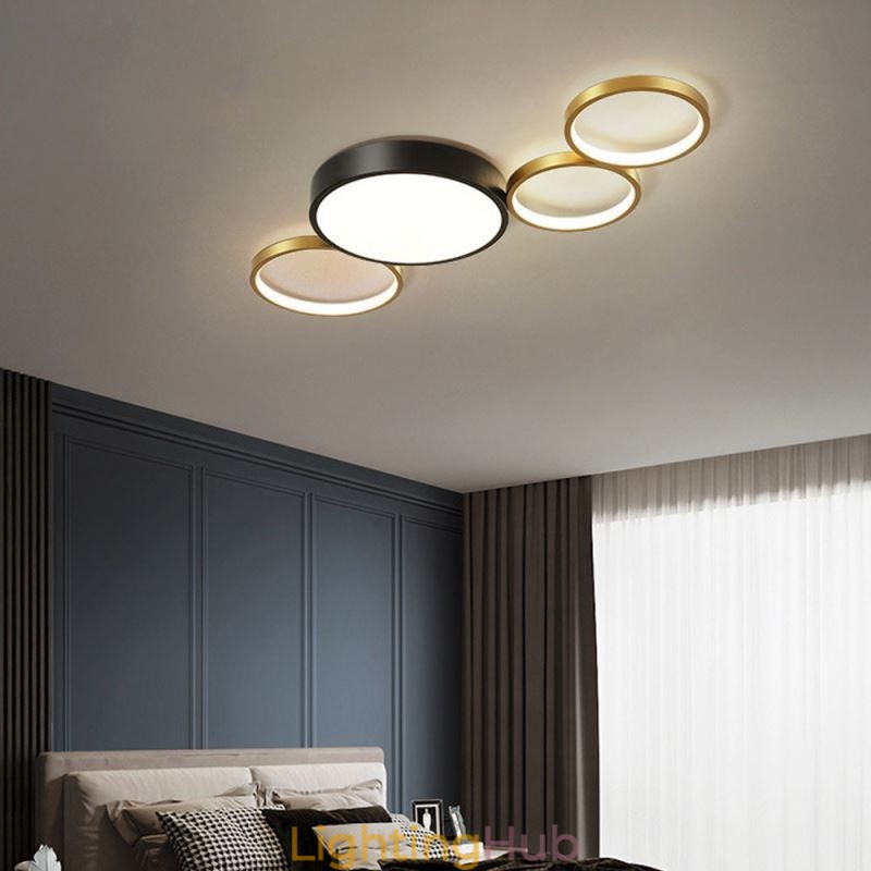 4 Rings Flush Mount Ceiling Light Unique Black+Gold Lampshade Lighting