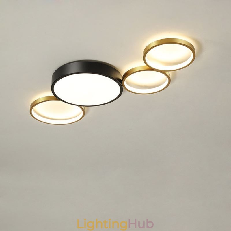 4 Rings Flush Mount Ceiling Light Unique Black+Gold Lampshade Lighting
