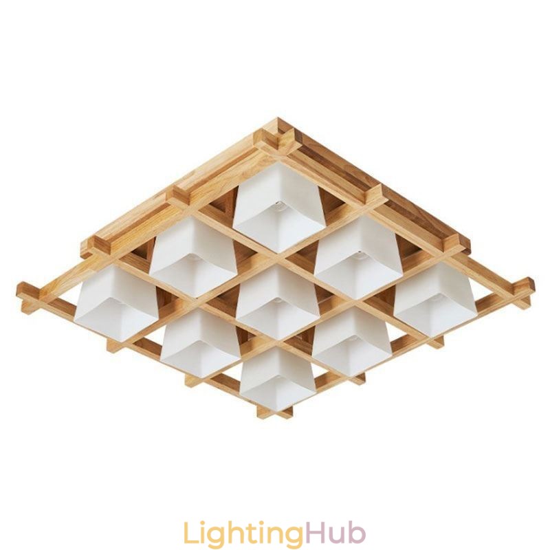 Nordic Square Grid Flush Mount Ceiling Light Rubber Wood Light