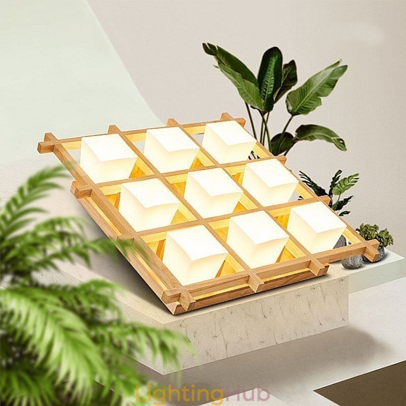 Nordic Square Grid Flush Mount Ceiling Light Rubber Wood Light