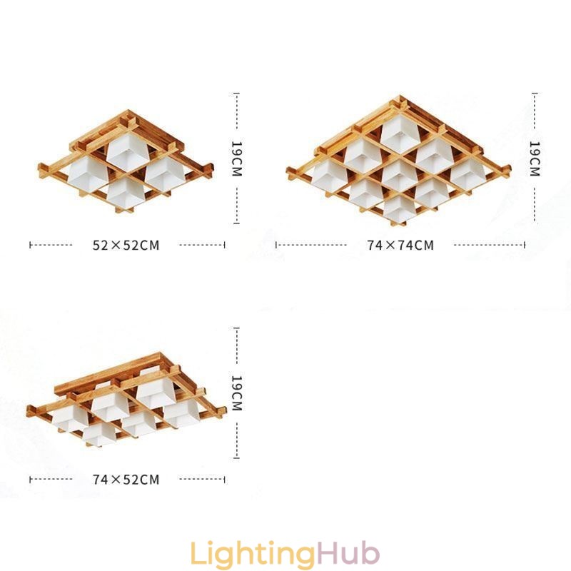Nordic Square Grid Flush Mount Ceiling Light Rubber Wood Light