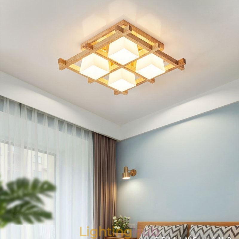 Nordic Square Grid Flush Mount Ceiling Light Rubber Wood Light