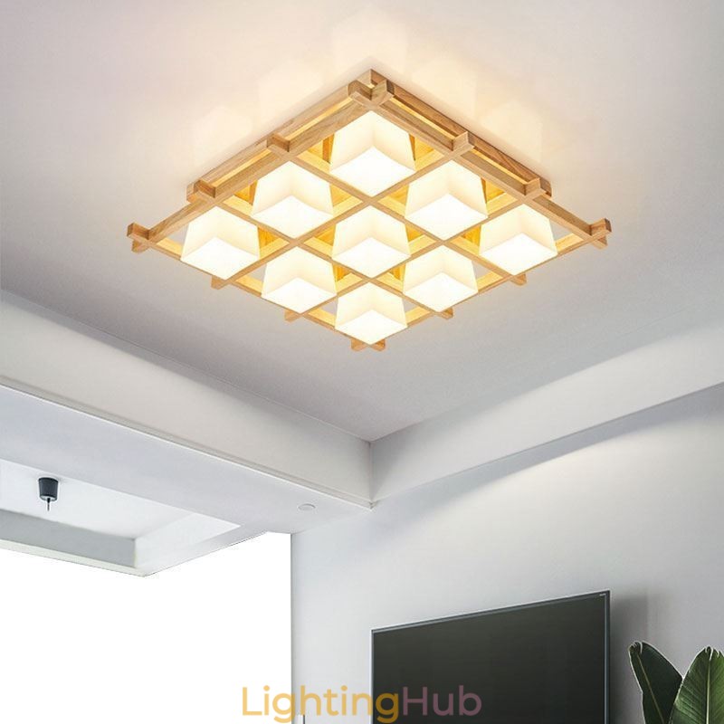 Nordic Square Grid Flush Mount Ceiling Light Rubber Wood Light