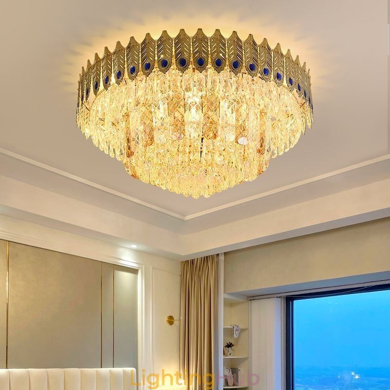 Crystal Flush Mount Round Electroplated Phoenix Tail Gold Luxury Decrative Ceiling Light