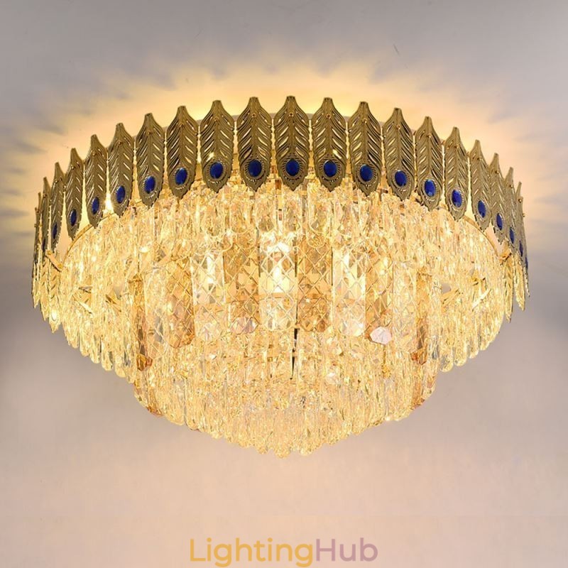 Crystal Flush Mount Round Electroplated Phoenix Tail Gold Luxury Decrative Ceiling Light