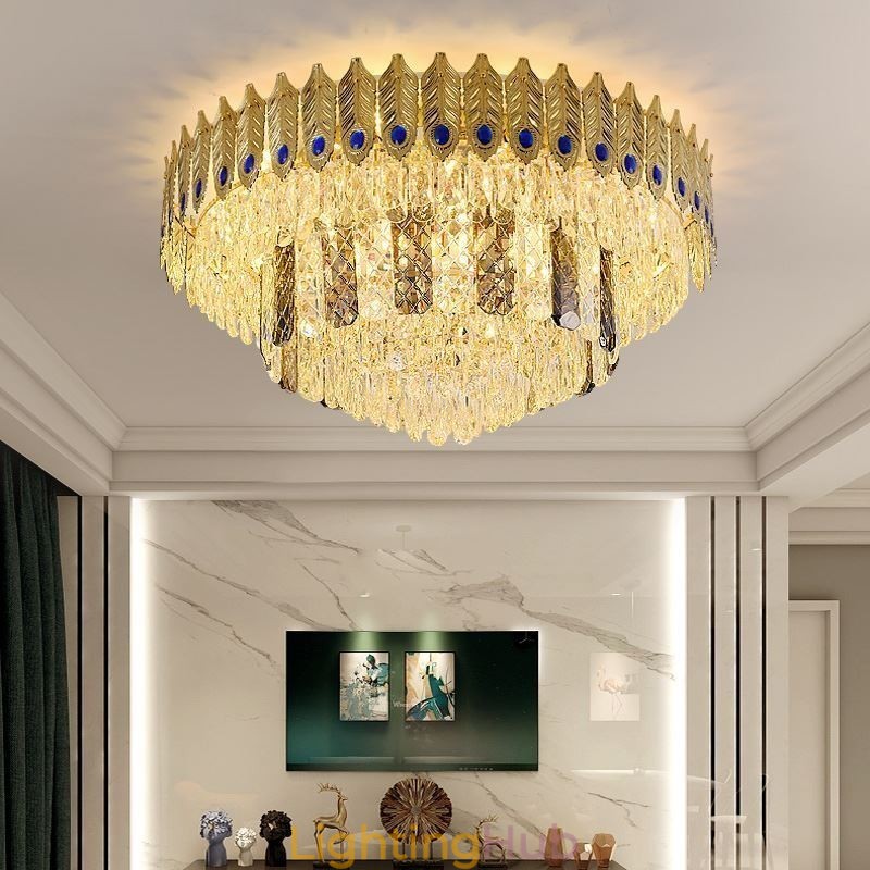 Crystal Flush Mount Round Electroplated Phoenix Tail Gold Luxury Decrative Ceiling Light