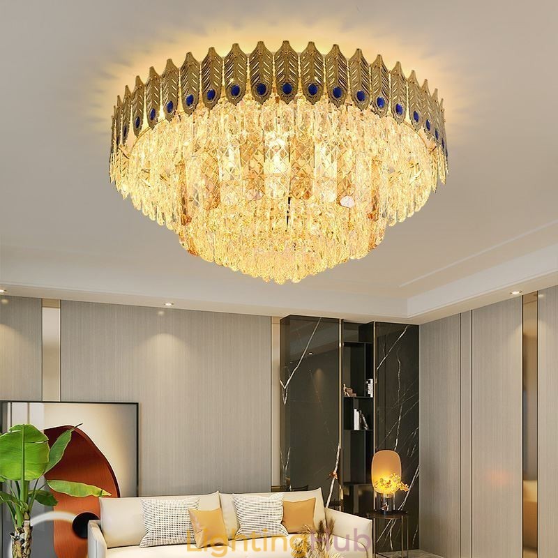 Crystal Flush Mount Round Electroplated Phoenix Tail Gold Luxury Decrative Ceiling Light
