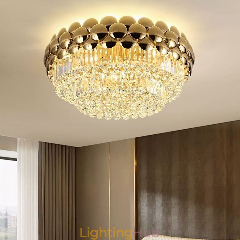 Crystal Flush Mount Round Electroplated Gold Luxury Decrative Ceiling Light 80cm
