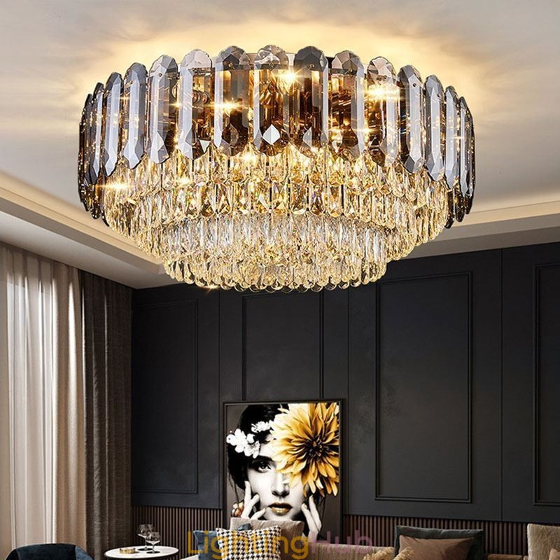 Crystal Flush Mount Smoky Gray Round Crystal Decoration Ceiling Light