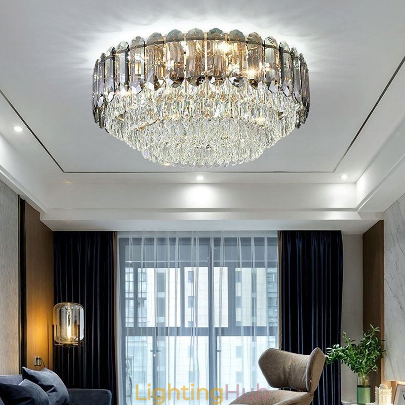 Crystal Flush Mount Smoky Gray Round Crystal Decoration Ceiling Light