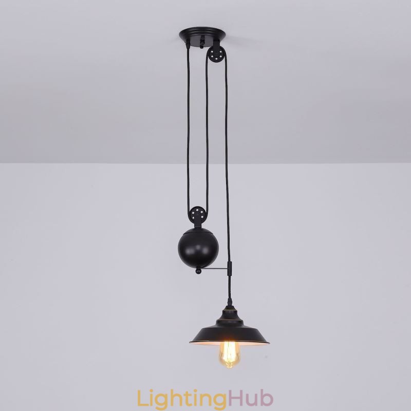 Industrial Farmhouse Pulley Pendant Light Retractable Design Adjustable Height