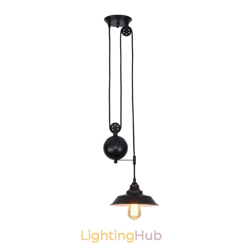 Industrial Farmhouse Pulley Pendant Light Retractable Design Adjustable Height