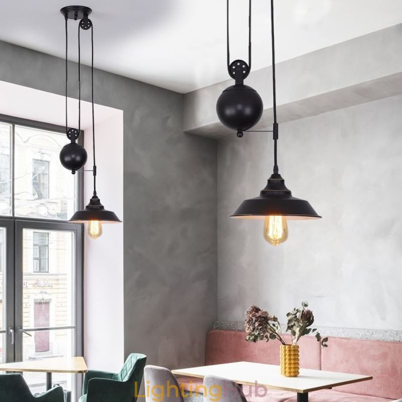 Industrial Farmhouse Pulley Pendant Light Retractable Design Adjustable Height