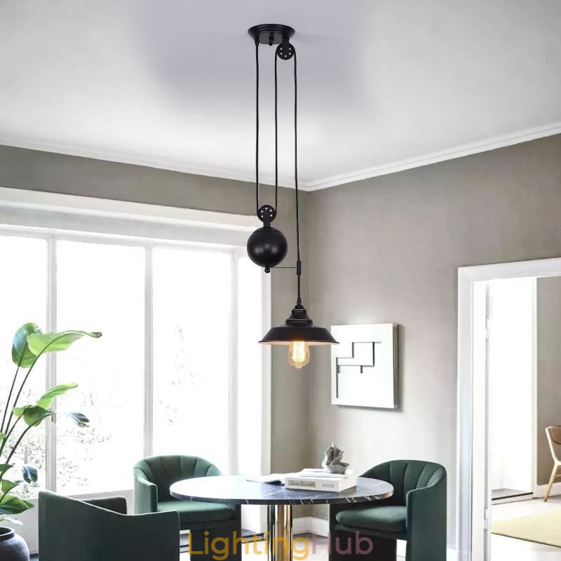 Industrial Farmhouse Pulley Pendant Light Retractable Design Adjustable Height