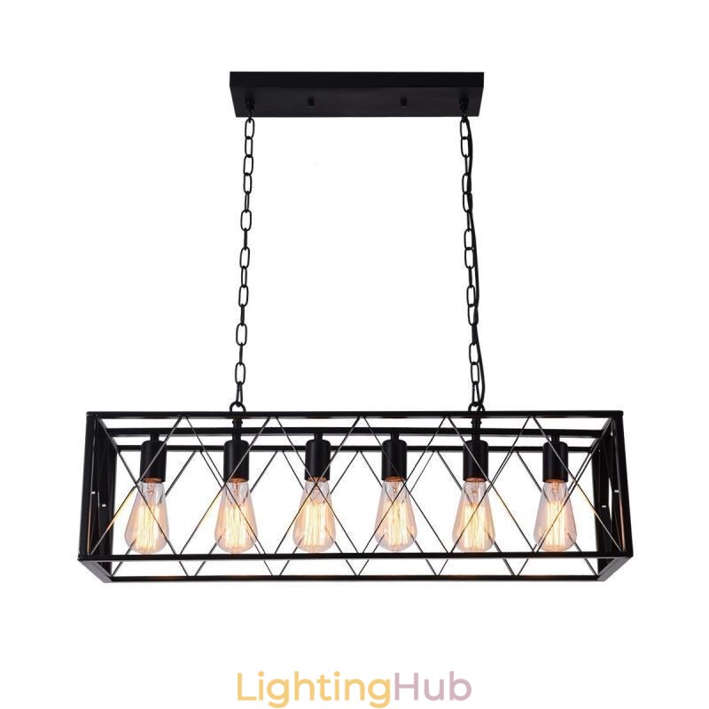 Rustic Rectangular Pendant Light 6 Light Farmhouse Hanging Light