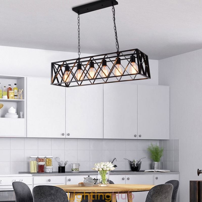 Rustic Rectangular Pendant Light 6 Light Farmhouse Hanging Light