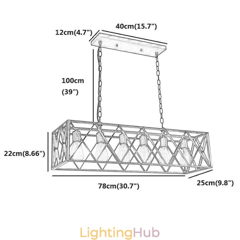 Rustic Rectangular Pendant Light 6 Light Farmhouse Hanging Light