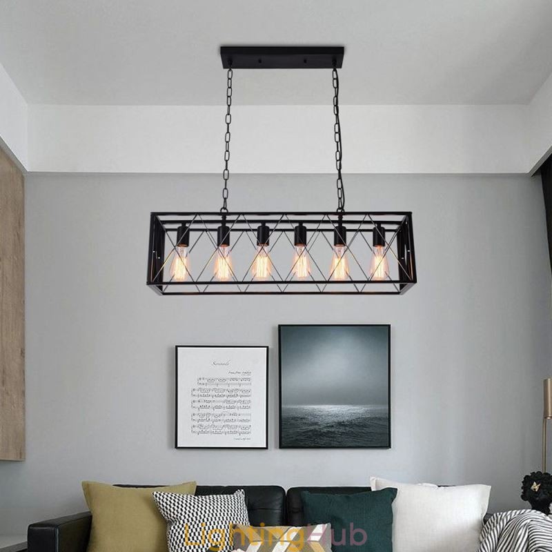 Rustic Rectangular Pendant Light 6 Light Farmhouse Hanging Light