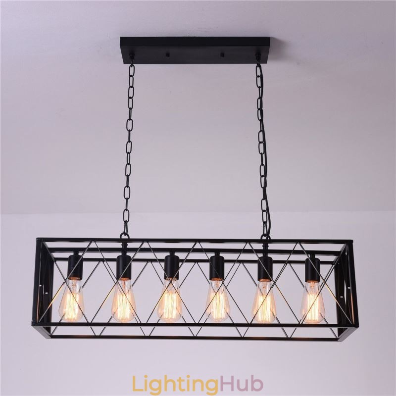 Rustic Rectangular Pendant Light 6 Light Farmhouse Hanging Light