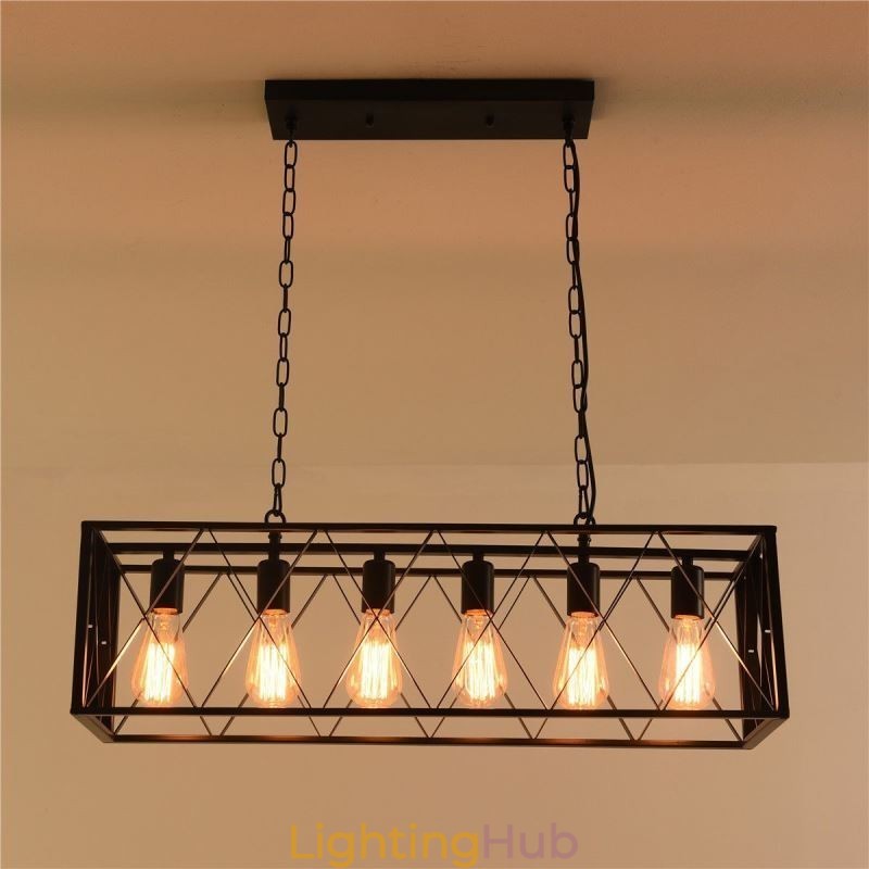 Rustic Rectangular Pendant Light 6 Light Farmhouse Hanging Light