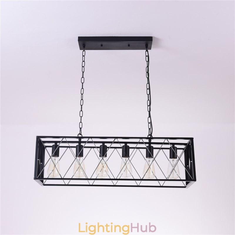 Rustic Rectangular Pendant Light 6 Light Farmhouse Hanging Light
