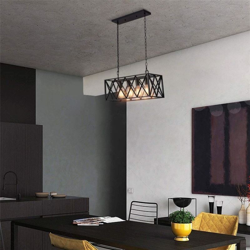 Rustic Rectangular Pendant Light 4 Light Farmhouse Hanging Light