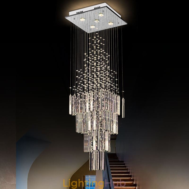 Modern Square Crystal Chandelier Contemporary Elegant Ceiling Light Fixture Duplex Stair