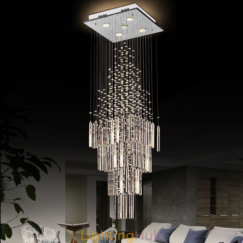 Modern Square Crystal Chandelier Contemporary Elegant Ceiling Light Fixture Duplex Stair